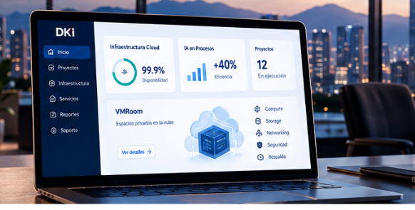 Laptop con panel de infraestructura cloud en una oficina corporativa